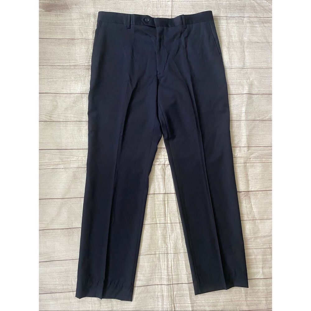 Paul Fredrick men 38R 100% wool flat front pants navy blue